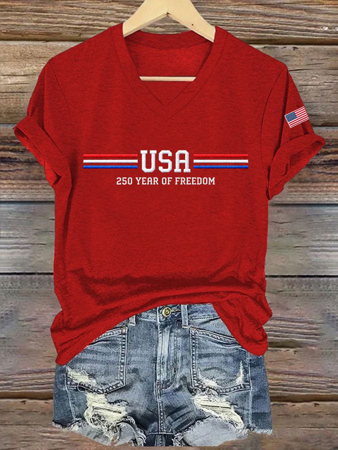 Women'S America Flag Print Casual V-Neck T-Shirt