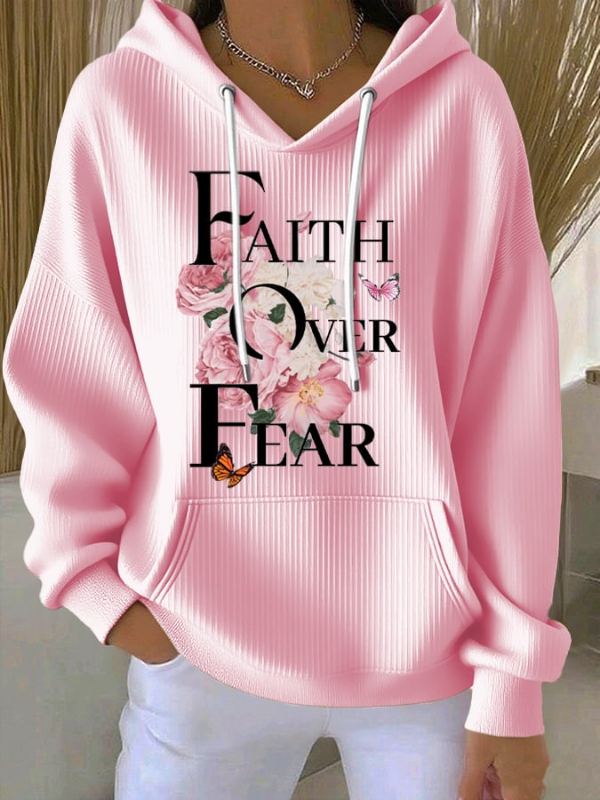 Women's Casual Faith Over Fear Textured Hoodie