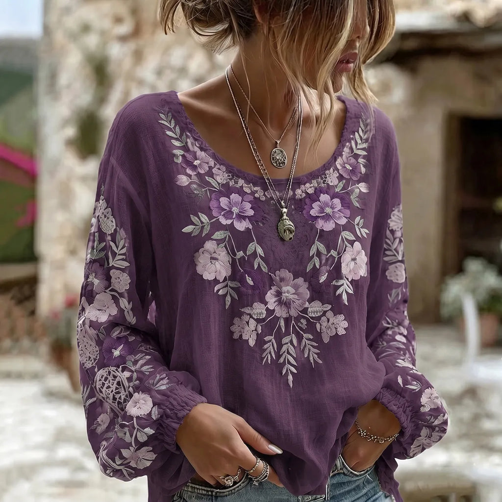 Women's Retro Bohemian Floral Pattern Long Sleeve Linen Blend T-shirt