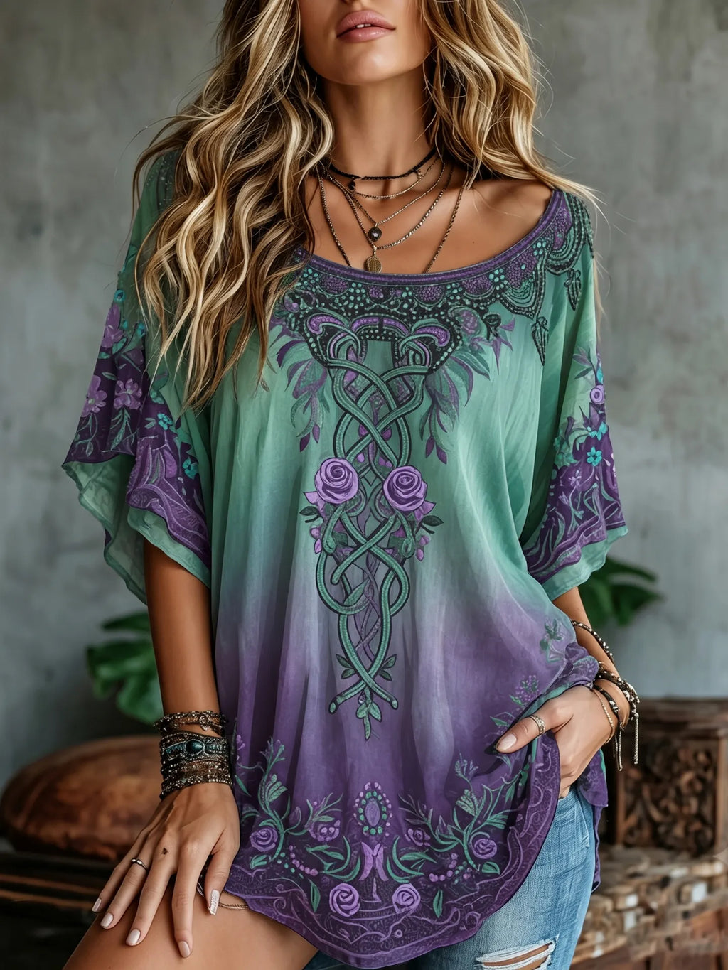 Women's Vintage Floral & Celtic Knot Embroidery Art Short Sleeve T-shirt