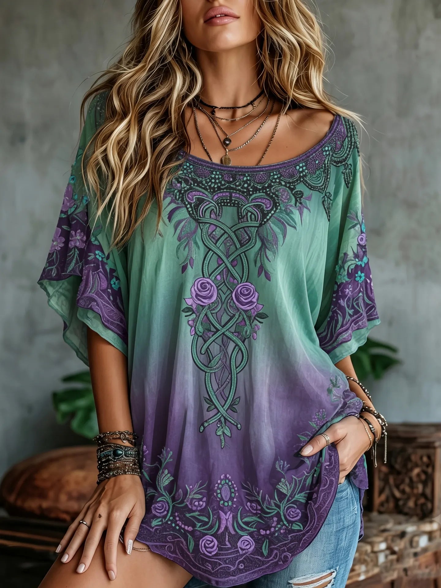 Women's Vintage Floral & Celtic Knot Embroidery Art Short Sleeve T-shirt