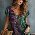 Women's Vintage Romantic Floral Art Linen Blend T-shirt