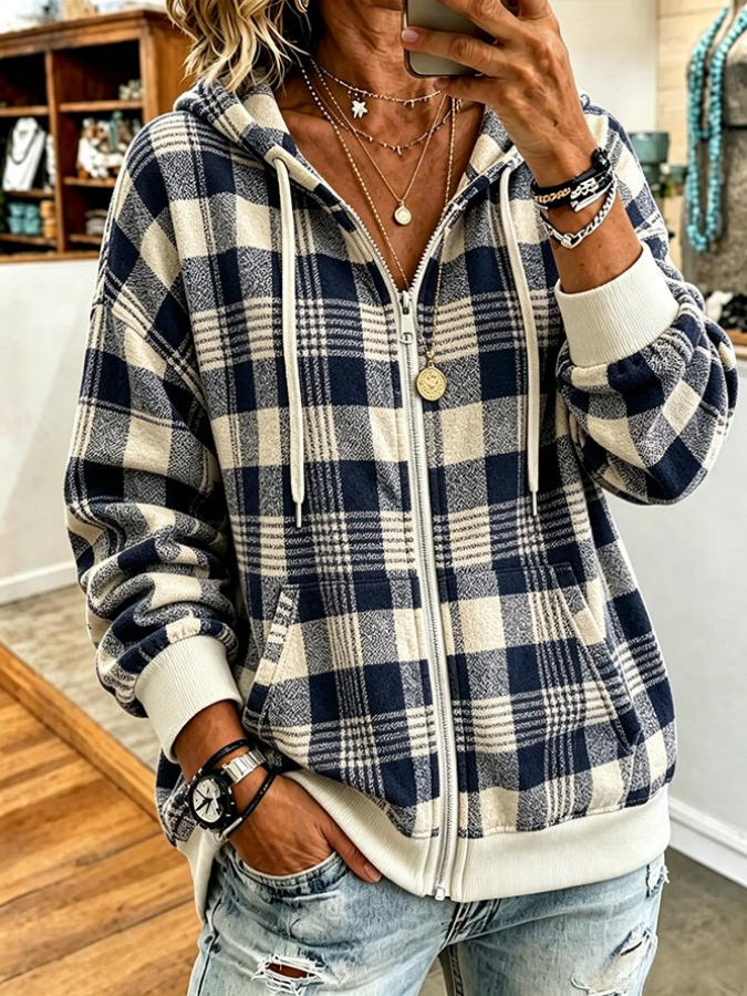 Women Pink Art Plaid Long Sleeve Hoodie Casual  Jacket Outerwear