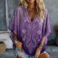 Women's Bohemian V-neck Short-sleeved Shirt With Purple Gradient Rose Floral Print