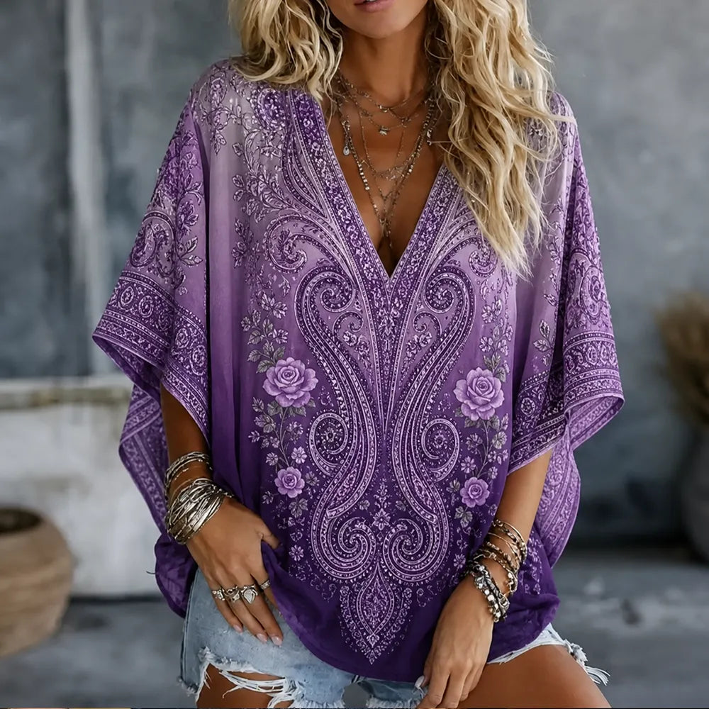 Women's Bohemian V-neck Short-sleeved Shirt With Purple Gradient Rose Floral Print