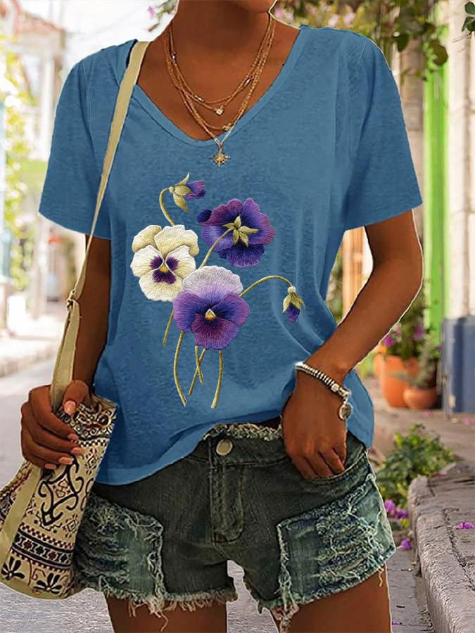 Women's Alzheimer's Purple Floral V-Neck T-Shirt