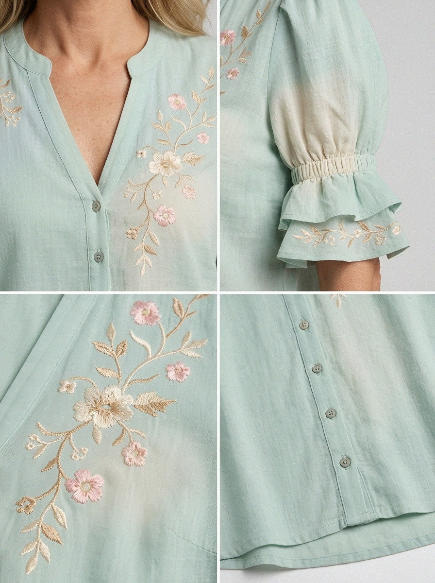 Women's Western Vintage Floral Embroidered Ruffle Sleeve Top