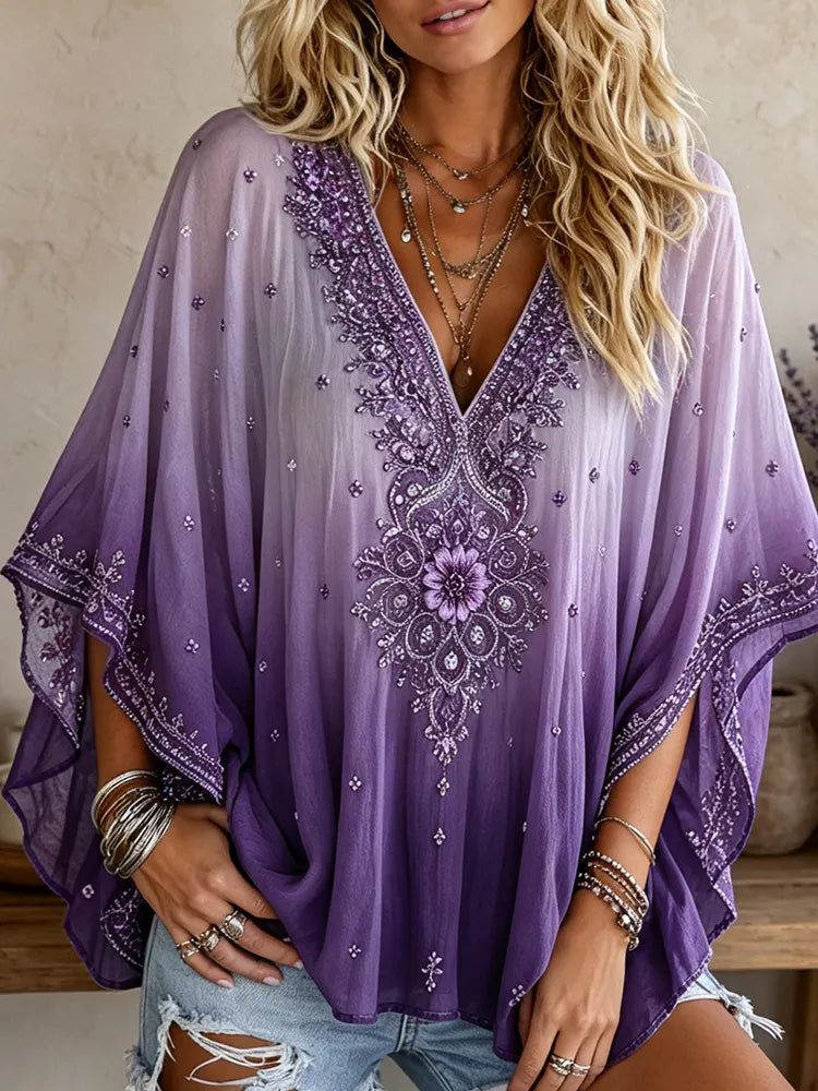 Women's Purple Gradient V-neck Blouse With Floral Embroidery And Embellishments