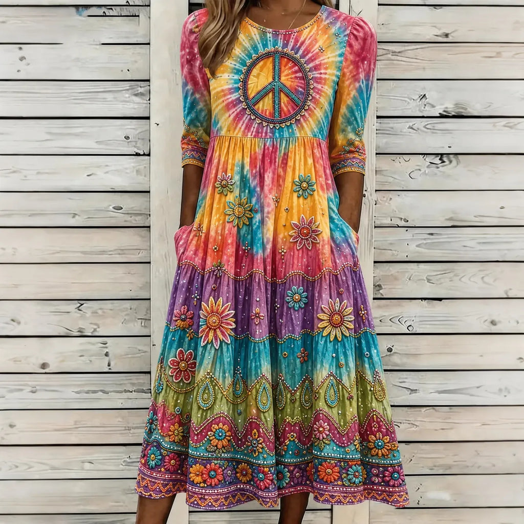 Women's Vintage Hippie Floral Embroidered Art Linen Blend Dress