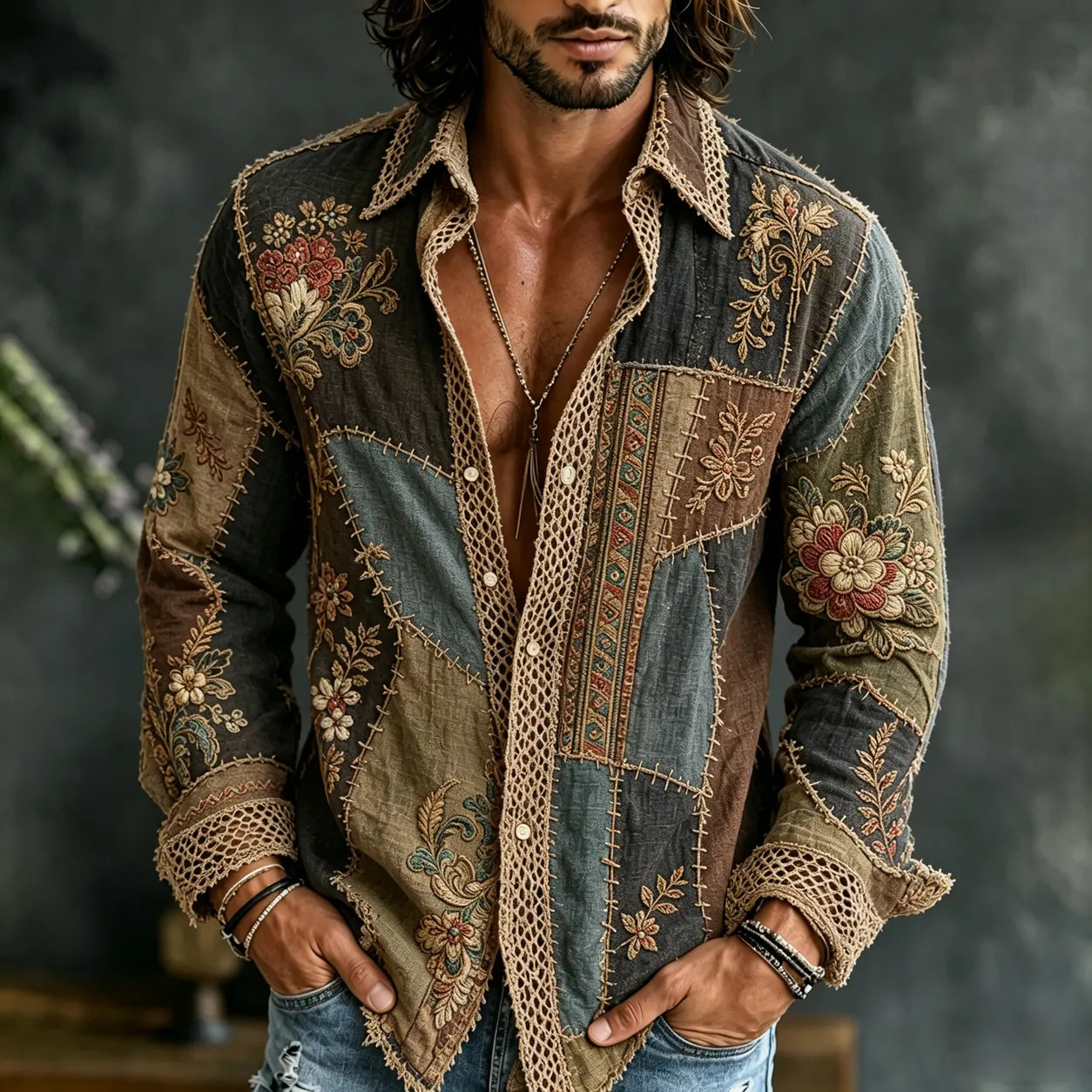 Men's Boho Hippie Vintage Floral Patchwork Print Long Sleeve Shirt