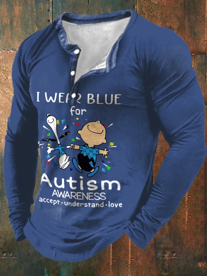 Men's Retro Autism Awareness I Wear Blue For Autism Print Button Long Sleeve Tops