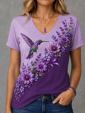 Women's Purple Floral Print Comfortable V-Neck T-Shirt