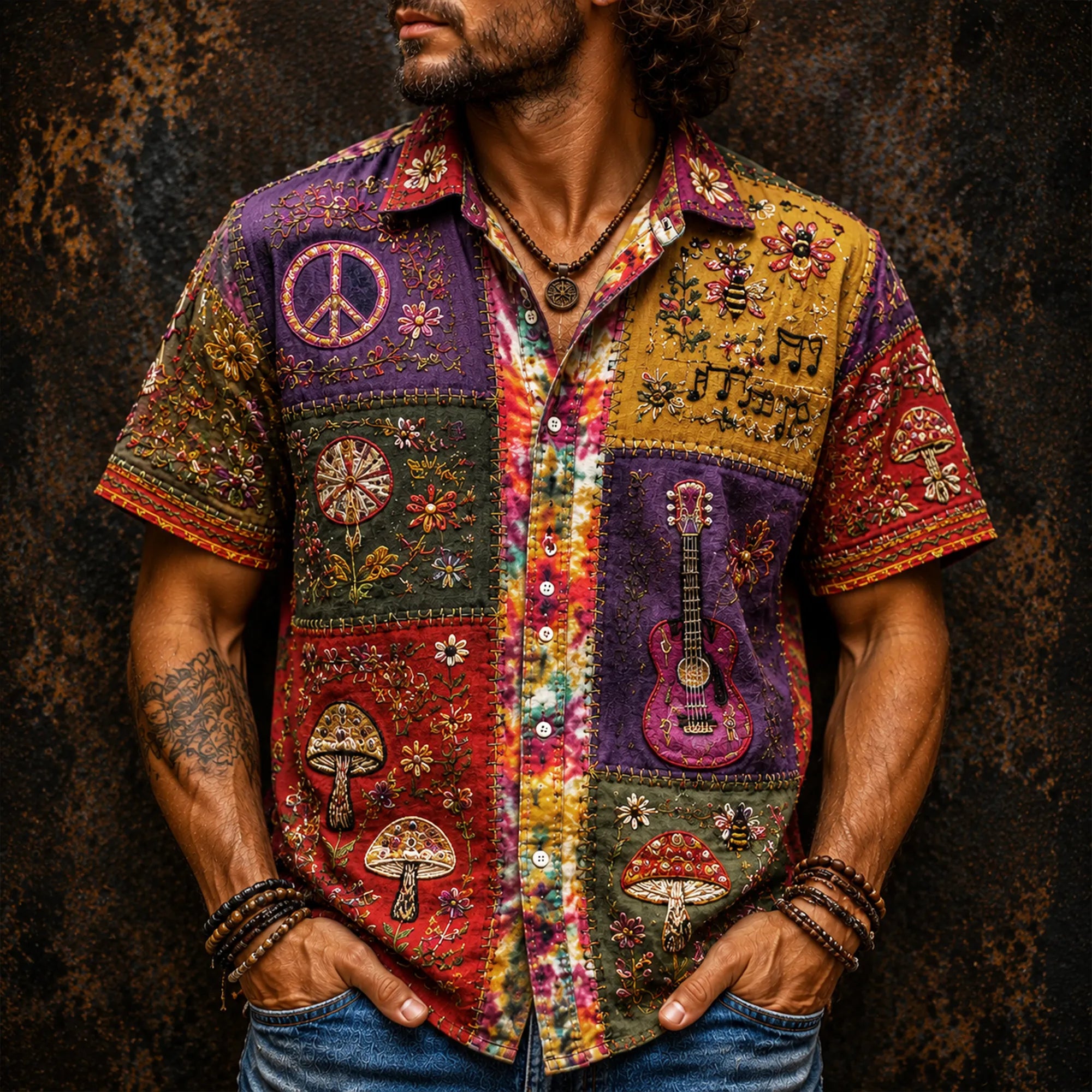 Men's Vintage Hippie Patchwork Mushroom Guitar Peace Sign Floral Embroidery Short Sleeve Blouse
