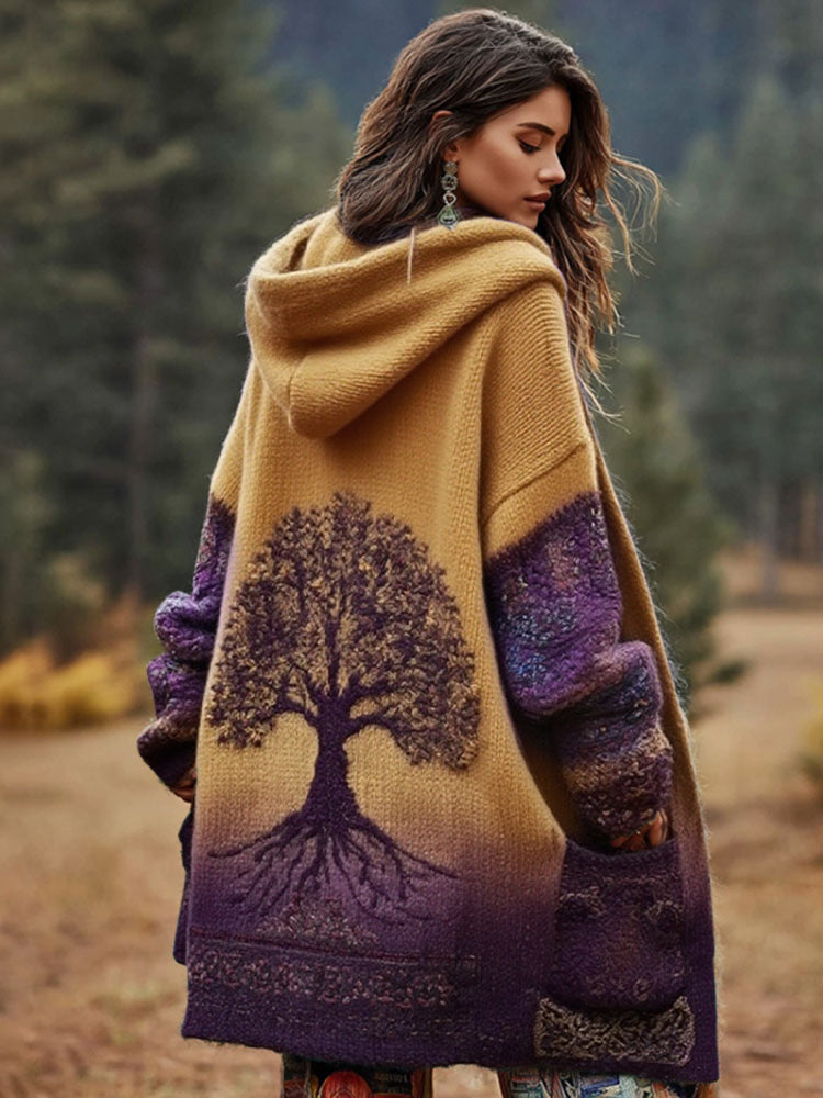 Women's Viking Floral And Life Of Tree Art Knitted Cozy Hooded Cardigan