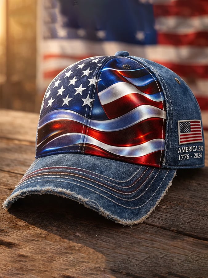 America 250th Anniversary 1776-2026 US Flag Distressed Denim Baseball Cap