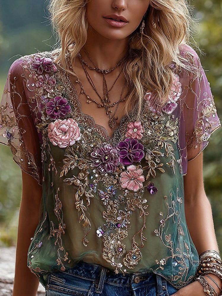 Women's Retro Purple Rose Floral Pattern Casual Shirt