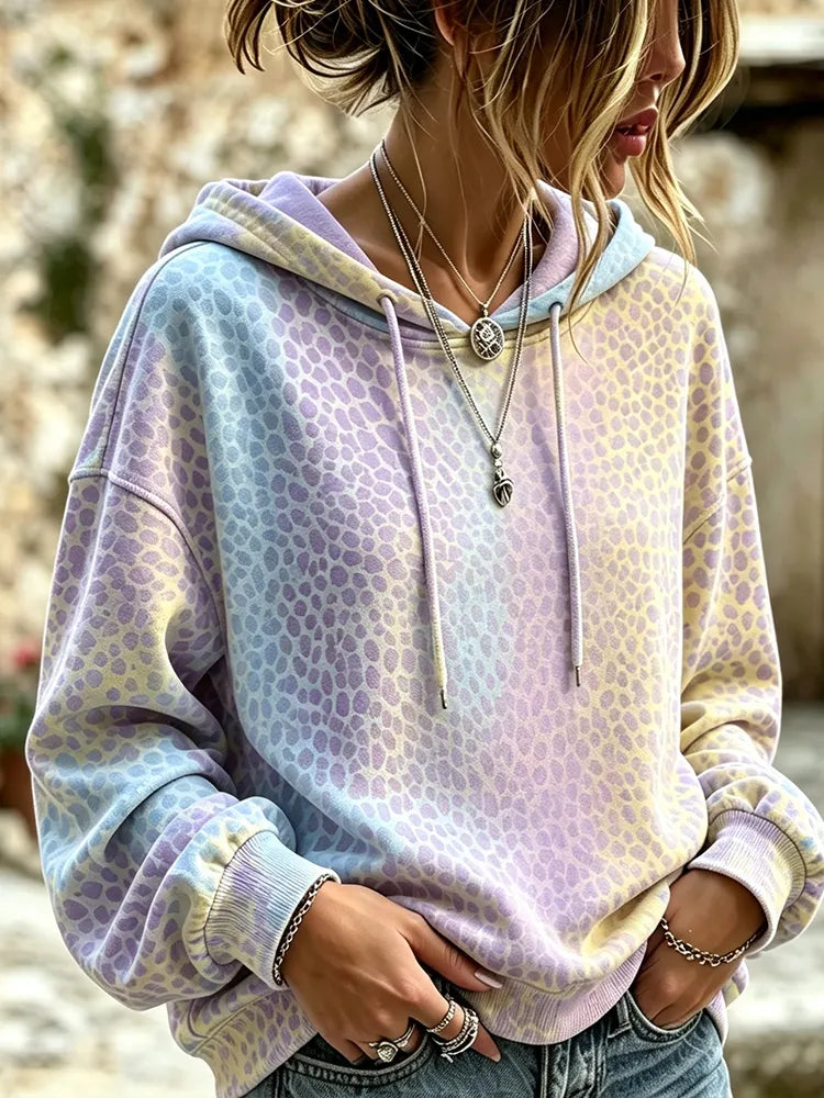 Women's Pastel Gradient Hoodie With Animal Spot And Leopard Print