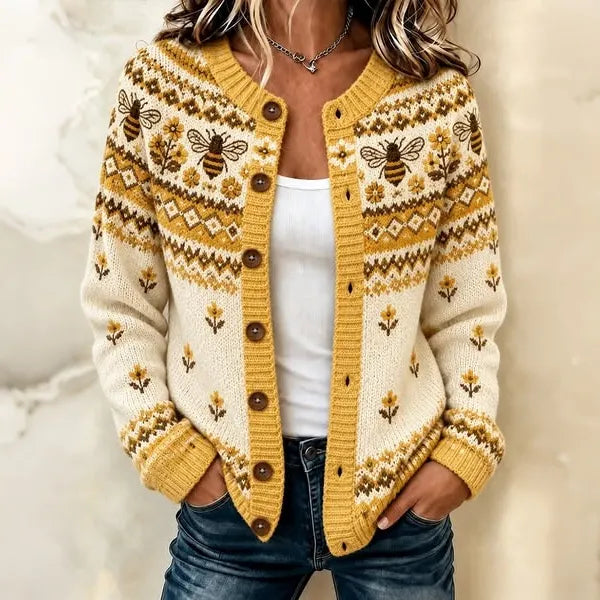 Women's Vintage Bee And Floral Print Casual Knit Cardigan Sweater