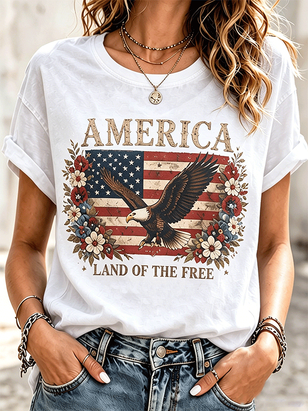 Women's America Land of the Free Eagle Flag Floral T-Shirt