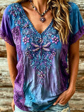 Women's Vintage Bohemian Floral And Dragonfly Embroidered Print Top