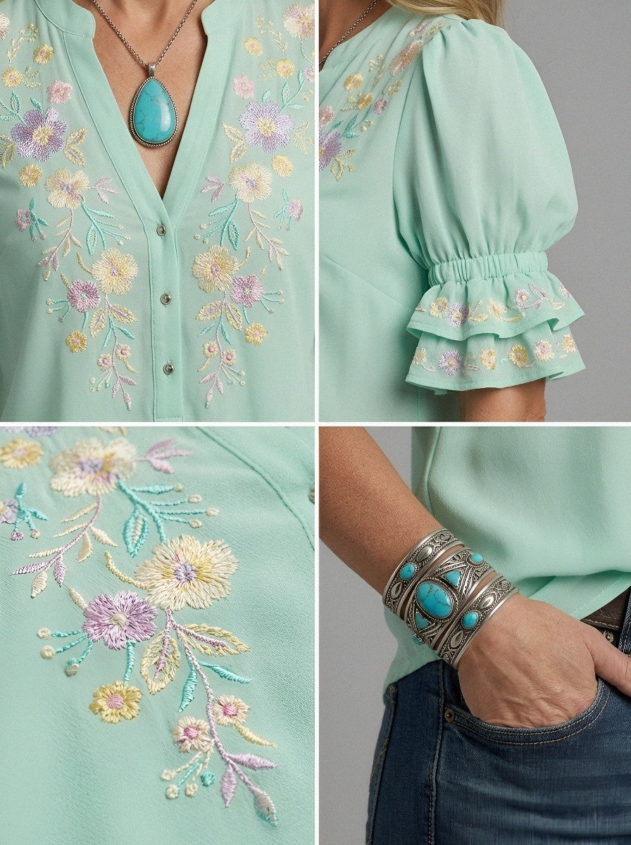 Women's Western Vintage Floral Embroidered Ruffle Sleeve Top
