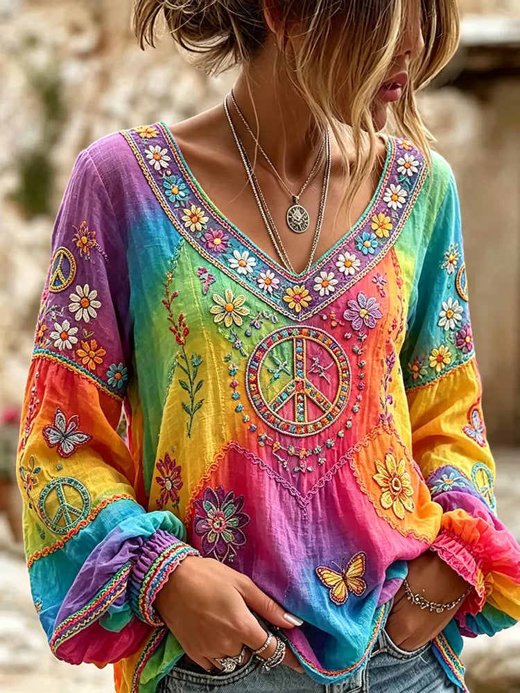 Women's Hippie Floral Peace Sign Contrast Patchwork Print Linen T-shirt