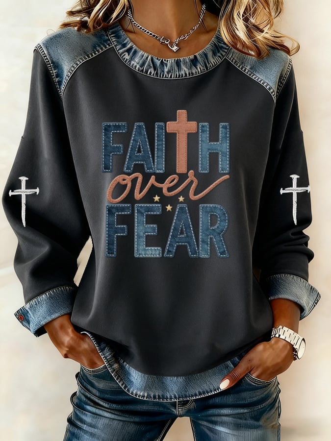 Women's Casual Retro Faith Overcomes Fear Sweatshirt
