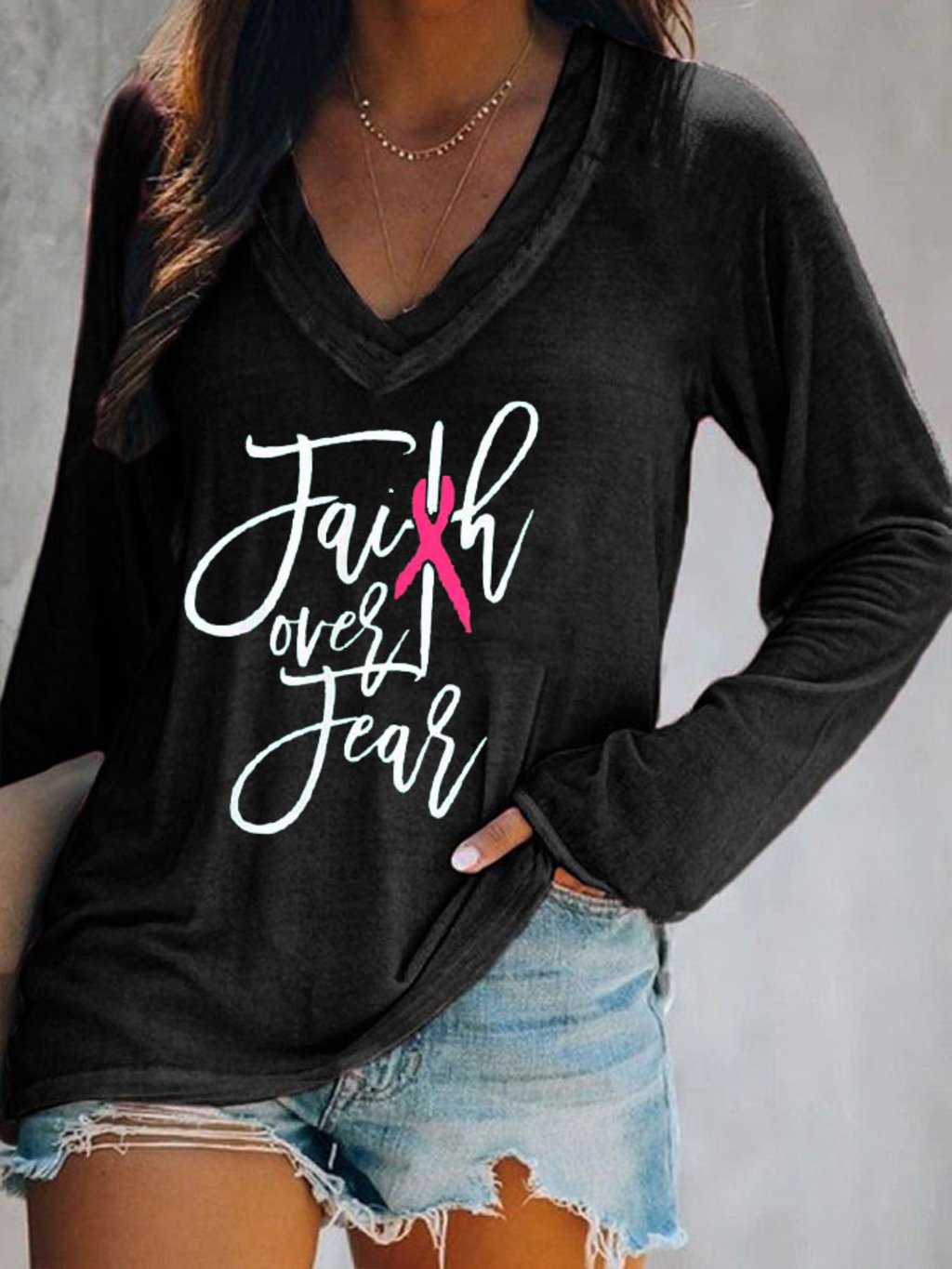Women's Faith Over Fear Breast Cancer Awareness Print V-Neck Top