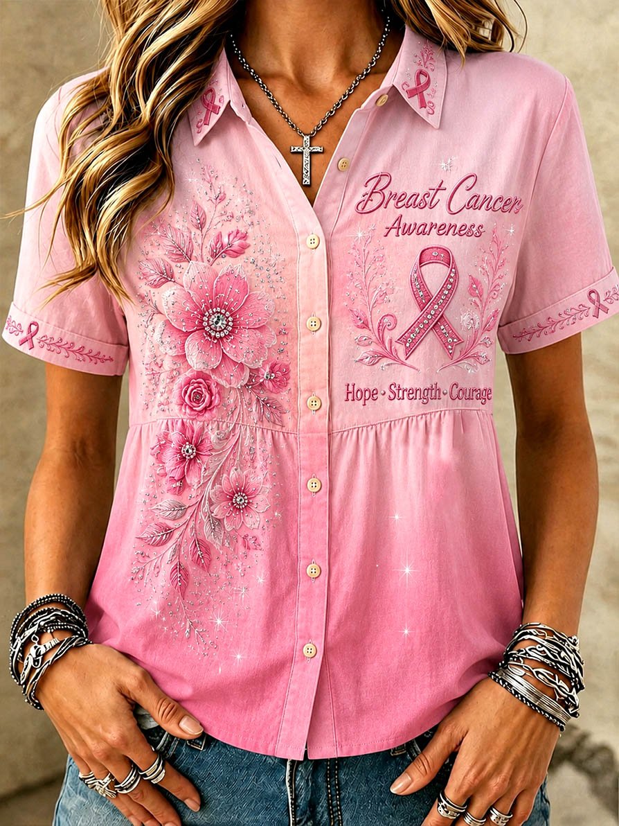 Women's Casual Top with Floral Breast Cancer Awareness Print