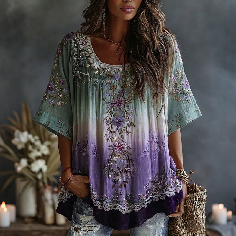 Classy Gradient Purple Lavender And Floral Art Linen Short Sleeve Shirt