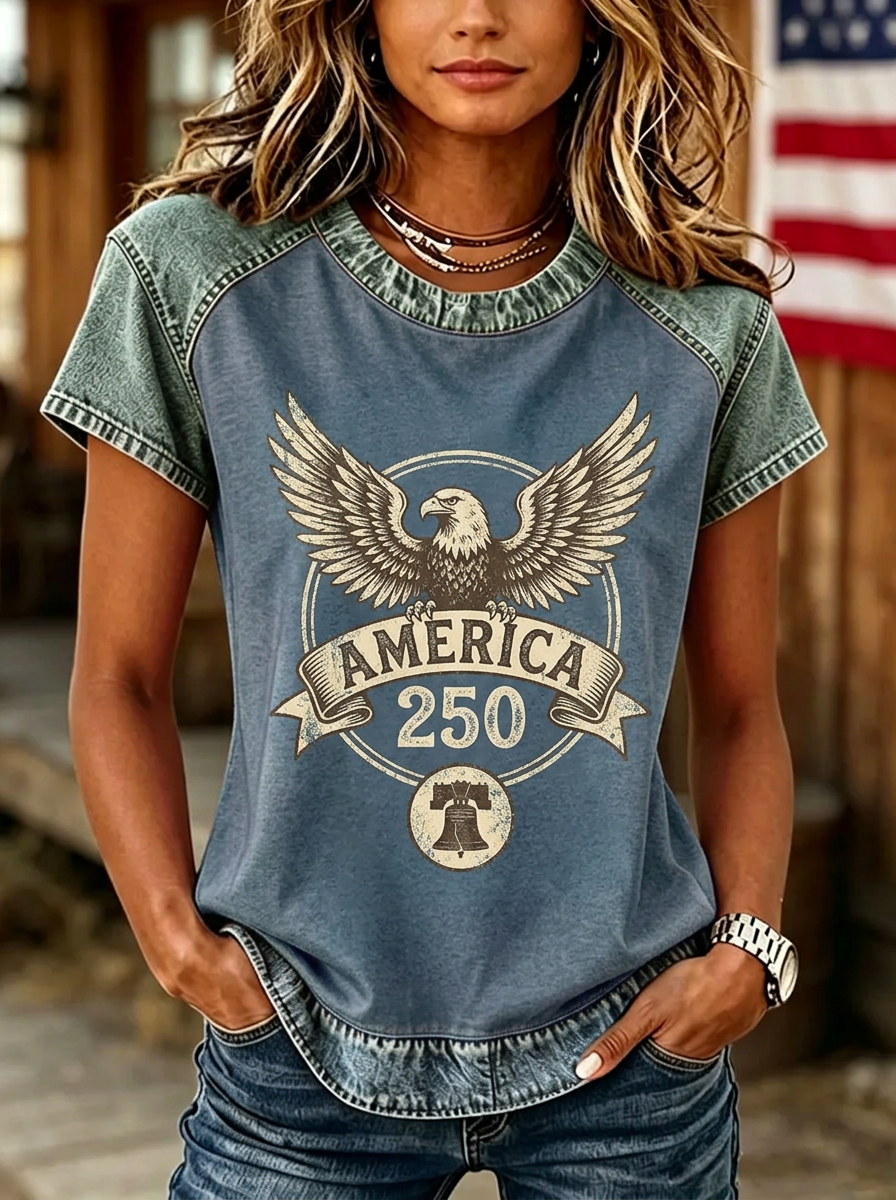 Women's Western Independence Day Eagle Liberty Bell Printed T-shirt-2