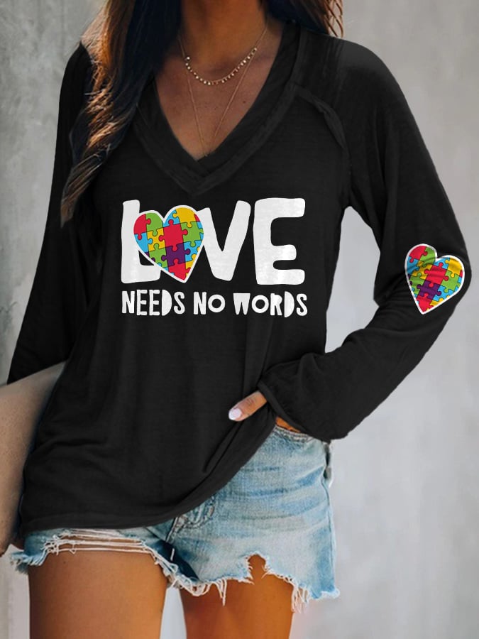 V-neck Retro Autism Awareness Love Needs No Words Print T-Shirt