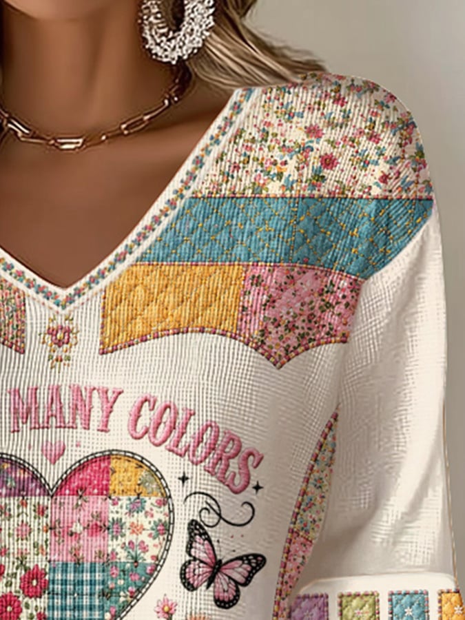 V-Neck Retro Coat Of Many Colors Forever In Our Hearts Print T-Shirt