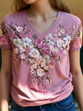 Women's Breast Cancer Awareness Floral Art V-Neck Short-Sleeve T-Shirt