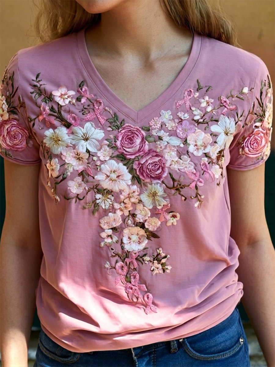 Women's Breast Cancer Awareness Floral Art V-Neck Short-Sleeve T-Shirt