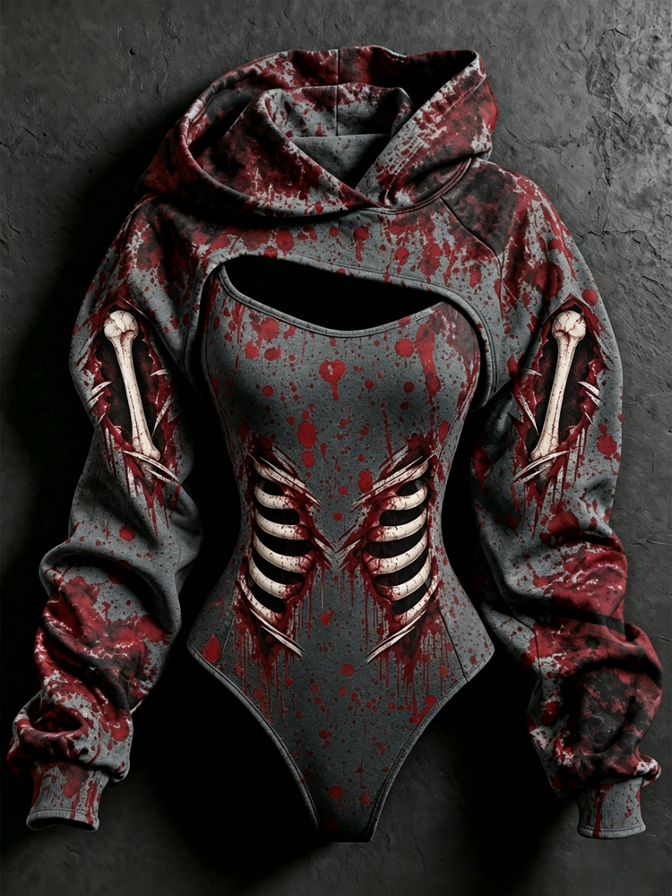 Women's Halloween Blood Stain And Skeleton Print Hoodie Two-piece Set
