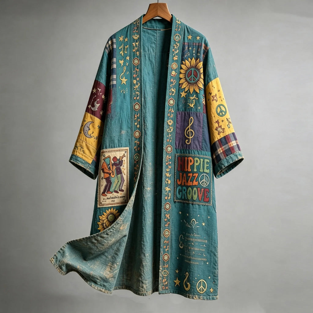 Men's Retro Hippie Peace Music Art Pattern Casual Long Cardigan