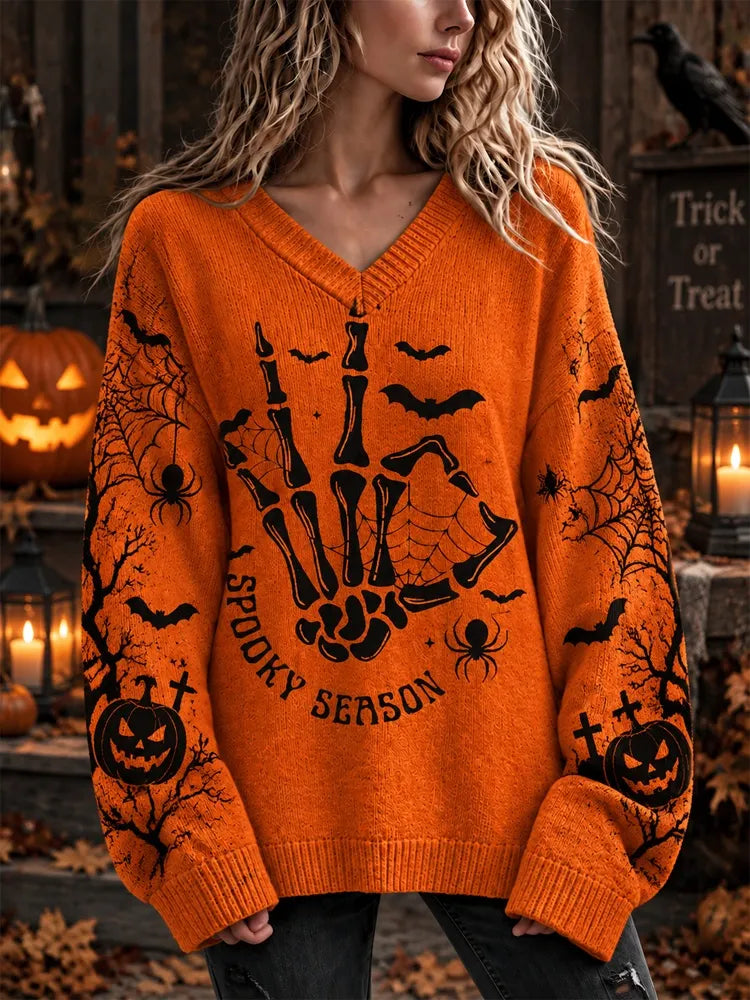 Women's Halloween Spooky Season Skeletal Hand-knit V-neck Sweater