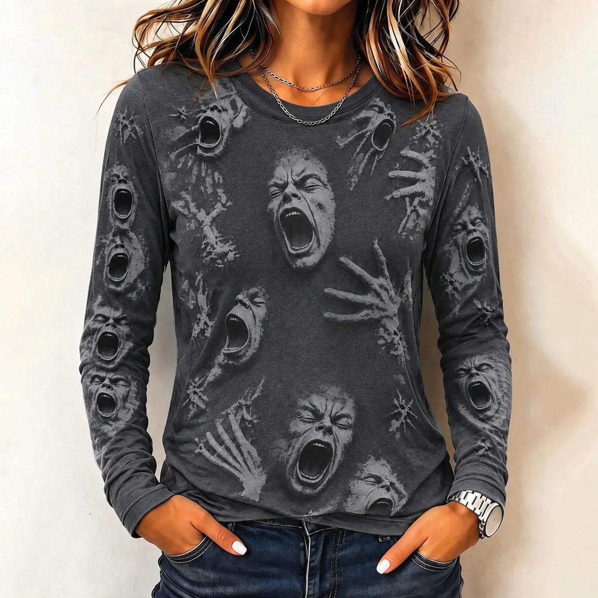 Women's Vintage Halloween Horror Face Print Comfy Long Sleeve T-shirt