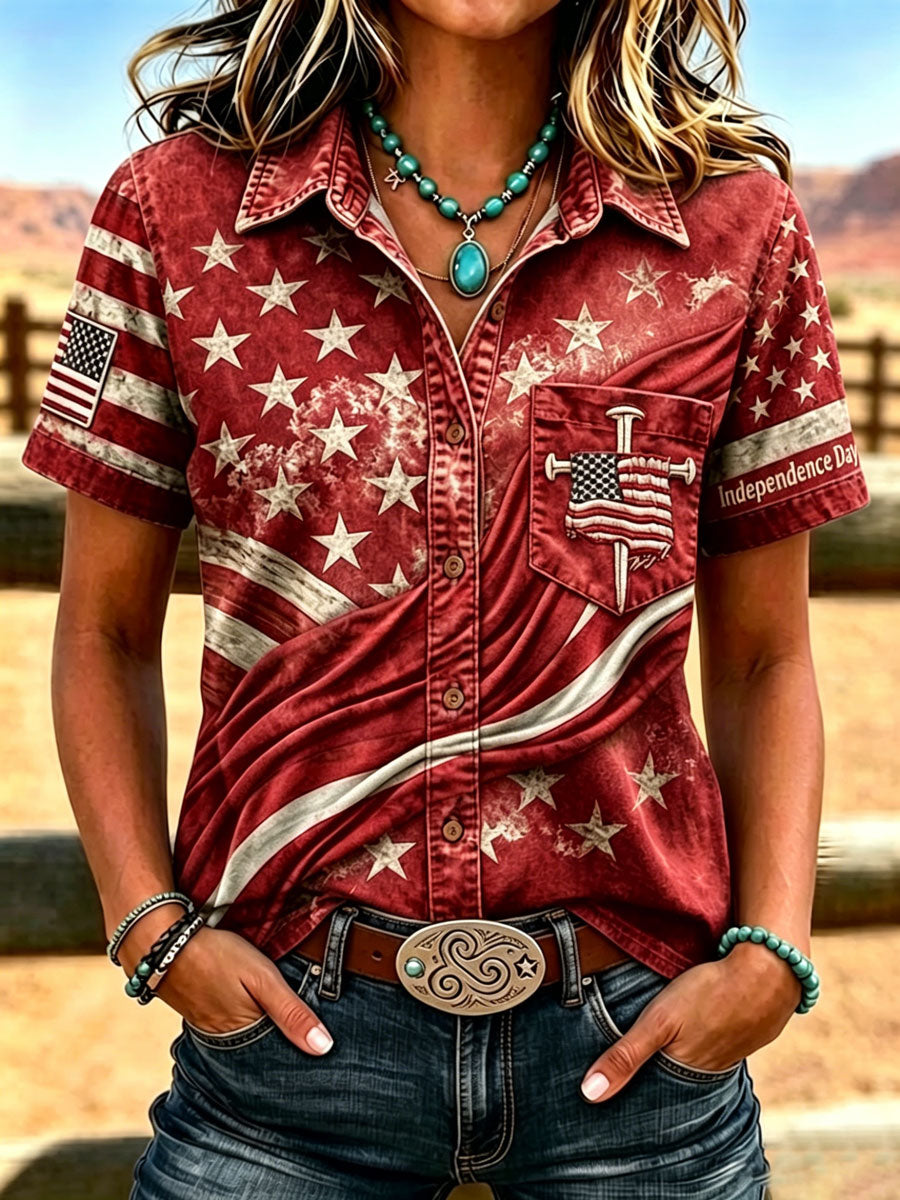 Women's Western-style vintage shirt with flag pattern