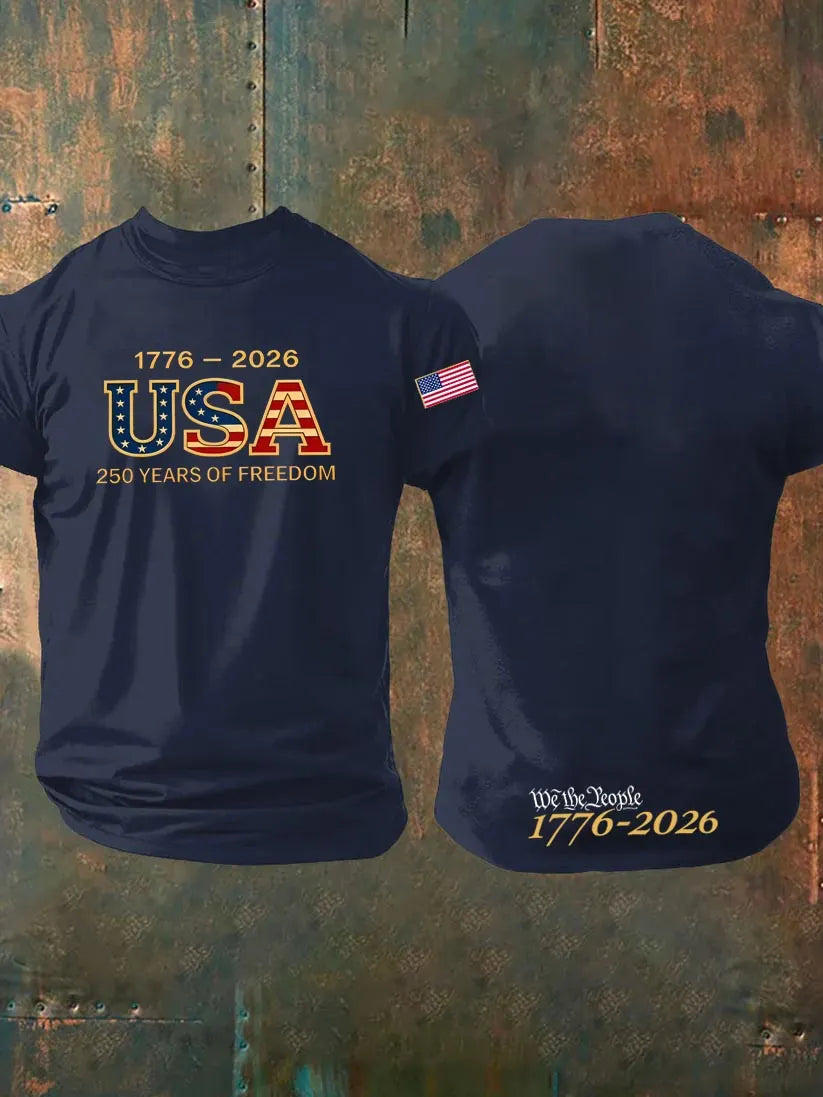1776-2026 USA 250th Years Of Freedom Pattern 100% Cotton T-Shirt
