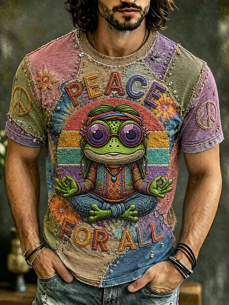 Men's Vintage Hippie Peace For All Pattern Art Embroidered T-shirt