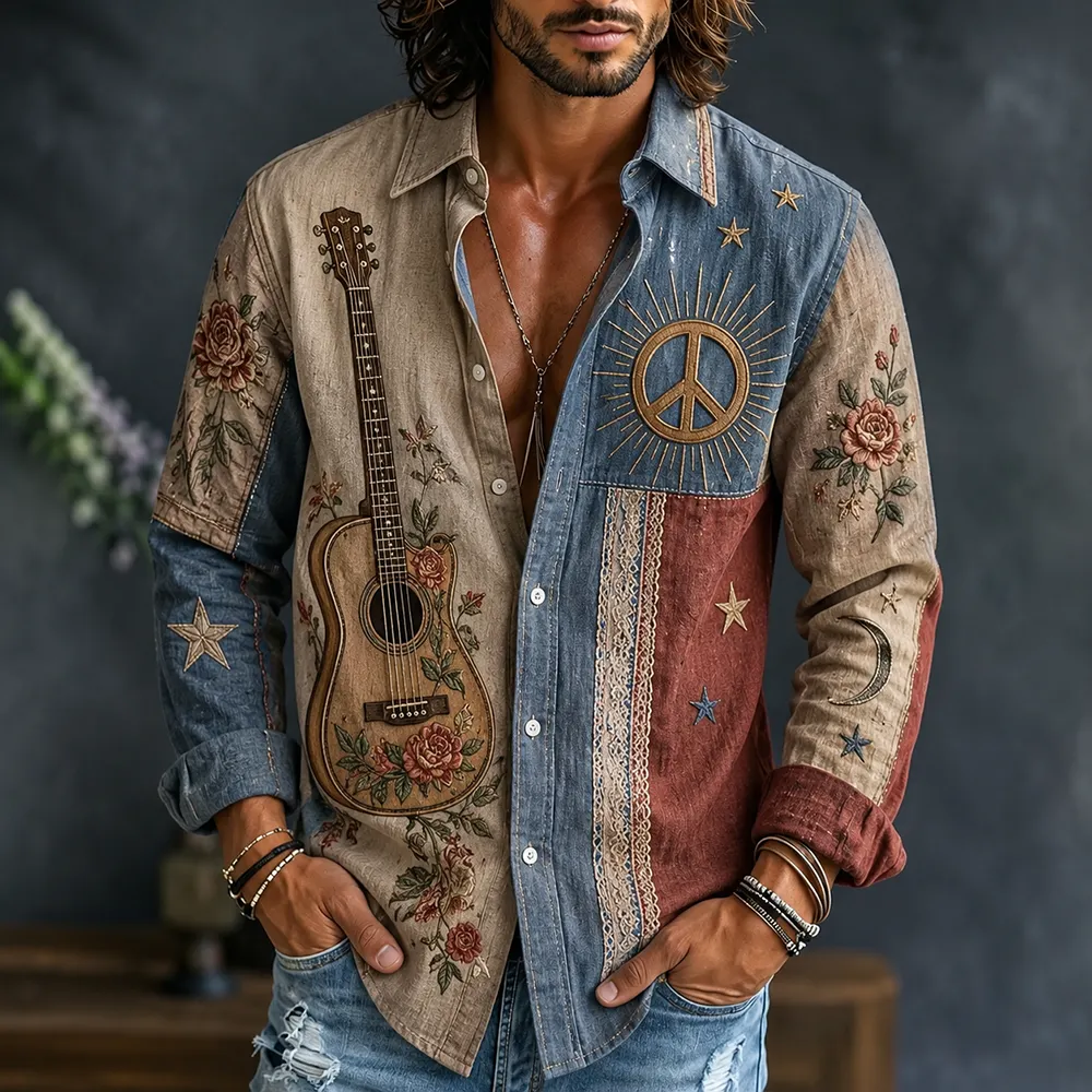 Men's Vintage Hippie Style Peace Sign & Star Motif Button-down