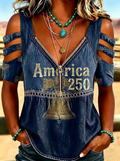 Women's Western Independence Day Liberty Bell America 250 Printed T-shirt