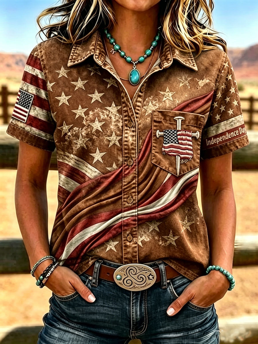 Women's Western-style vintage shirt with flag pattern