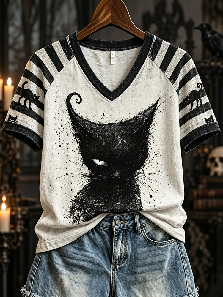 Women's Vintage Halloween Striped Cat Print V-neck T-shirt