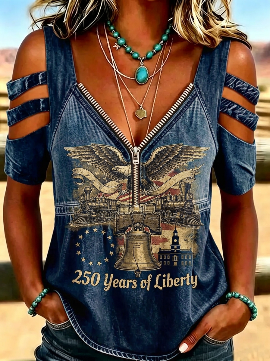Women's Western Independence Day Eagle Liberty Bell Printed T-shirt