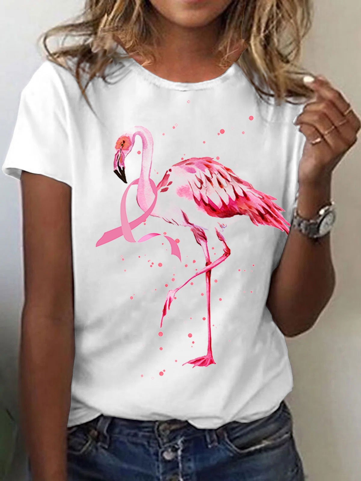 Women's Breast Cancer Flamingo Print T-Shirt