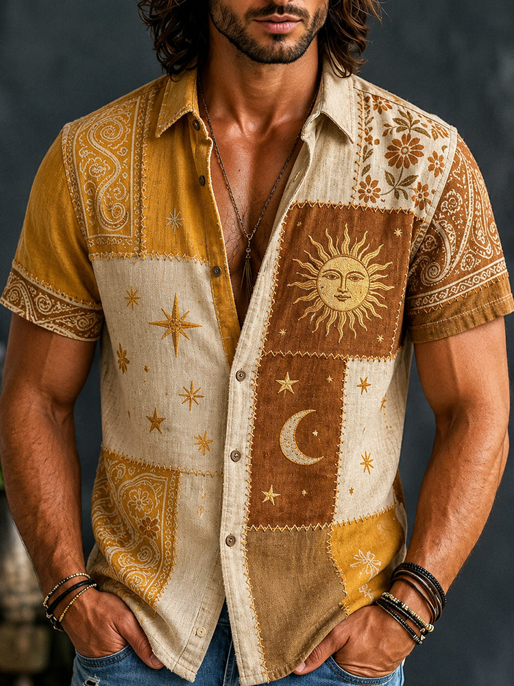 Men's Vintage Hippie Art Stars And Moon Patchwork Print Casual Shirt