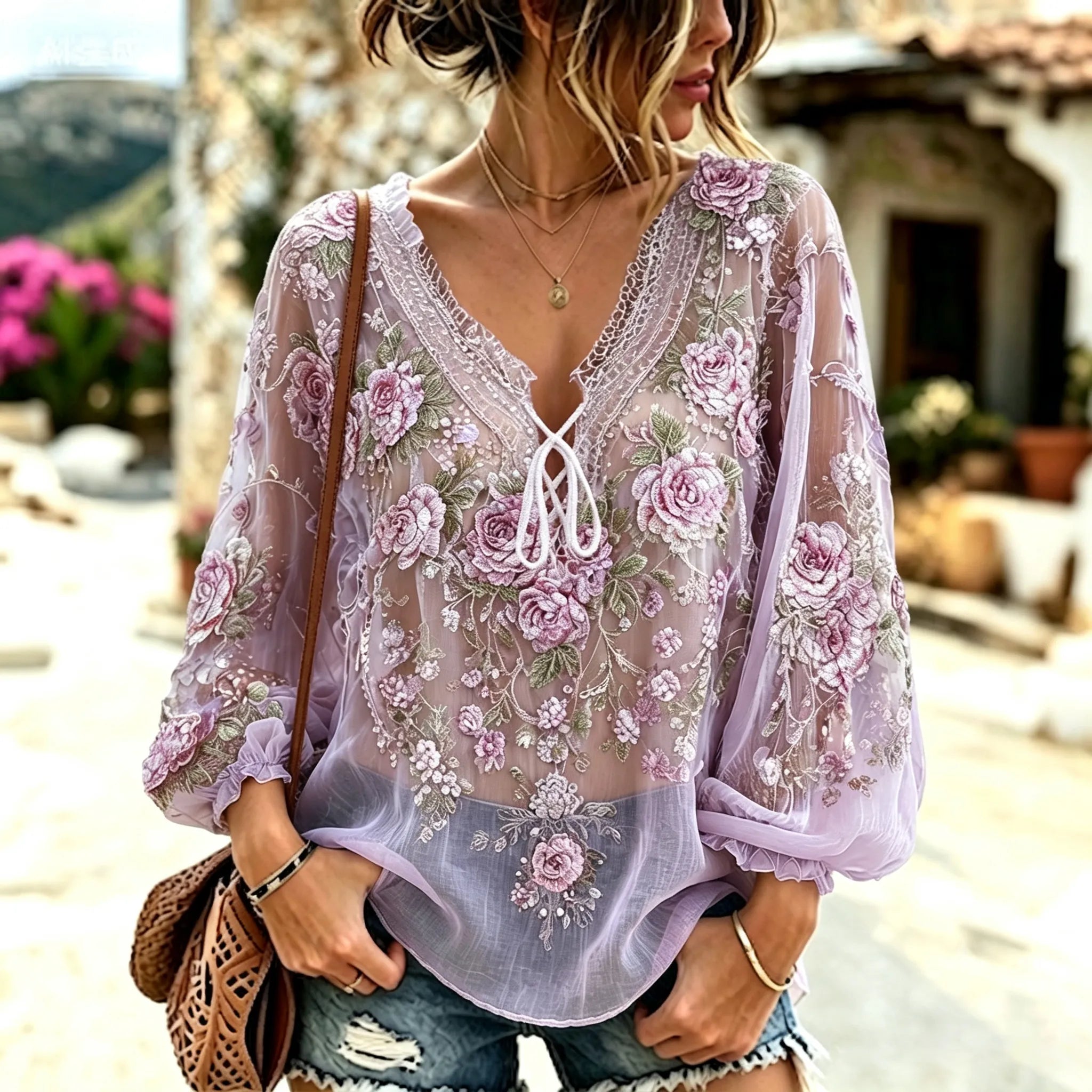 Women's Vintage Purple Floral Art Lace Up Linen Blend Blouse